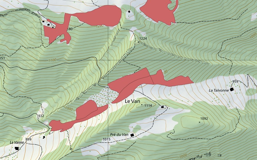 Landeskarte swisstopo mit dem Schutzperimeter von Le Van (Trockenwiese)