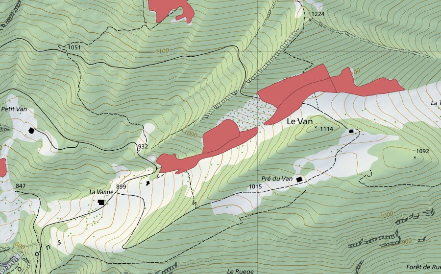 Carte nationale swisstopo avec le périmètre protégé de Le Van (Prairie sèche)