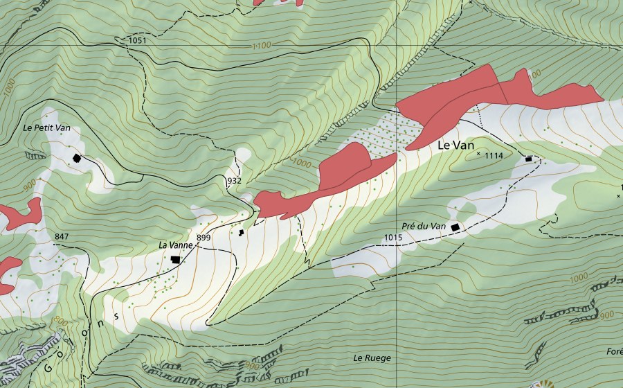 Landeskarte swisstopo mit dem Schutzperimeter von Le Van (Trockenwiese)