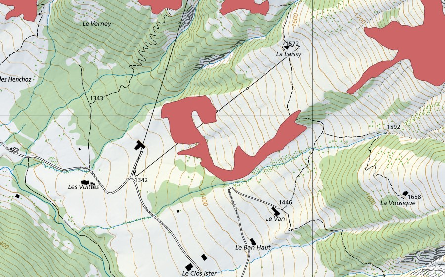 Carte nationale swisstopo avec le périmètre protégé de Le Van (Prairie sèche)