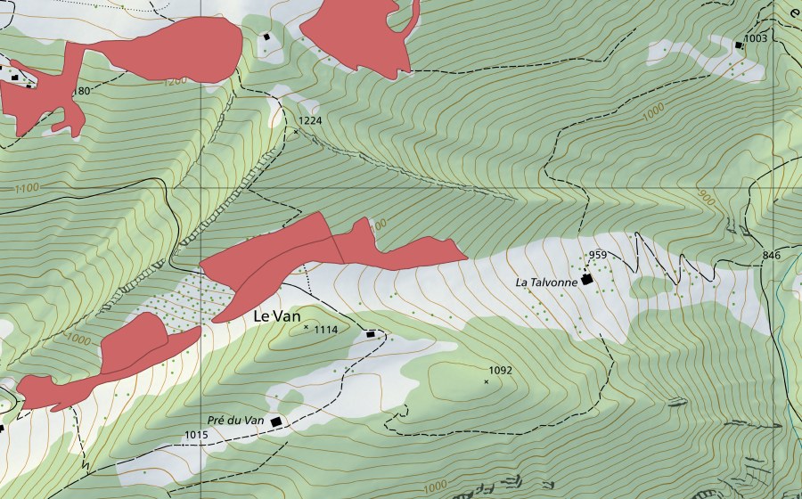Landeskarte swisstopo mit dem Schutzperimeter von Le Van (Trockenwiese)