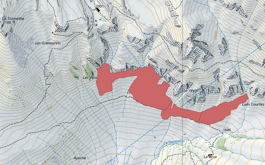 Carte nationale swisstopo avec le périmètre protégé de Le Vey (Prairie sèche)