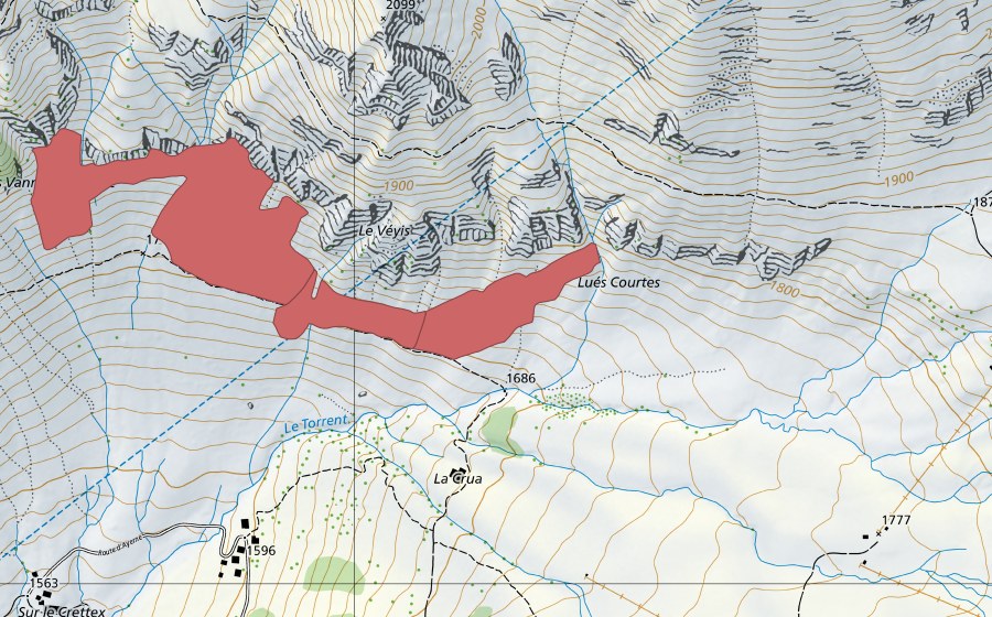 Carte nationale swisstopo avec le périmètre protégé de Le Vey (Prairie sèche)