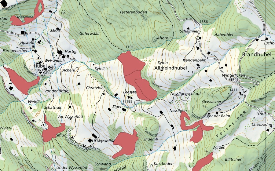Carte nationale swisstopo avec le périmètre protégé de Leesyten (Prairie sèche)