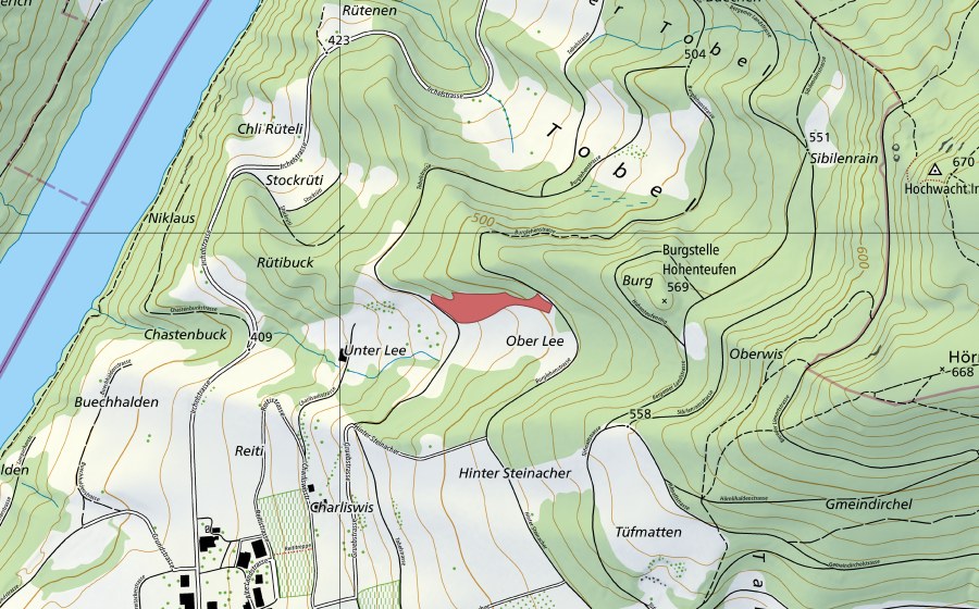 Landeskarte swisstopo mit dem Schutzperimeter von Leh (Trockenwiese)