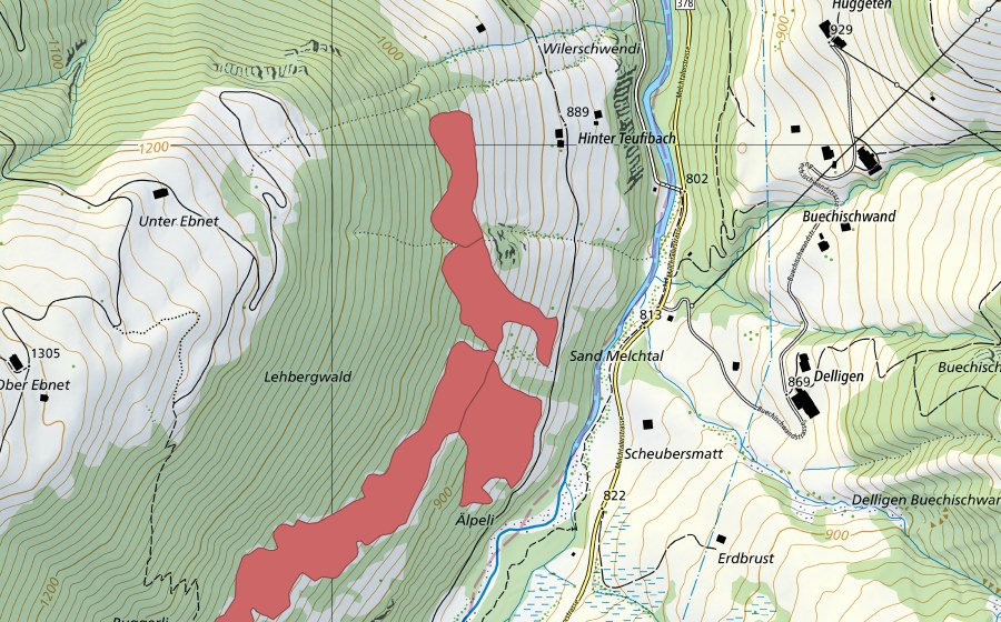 swisstopo national map showing the protected perimeter of Lehberg (Dry meadow)