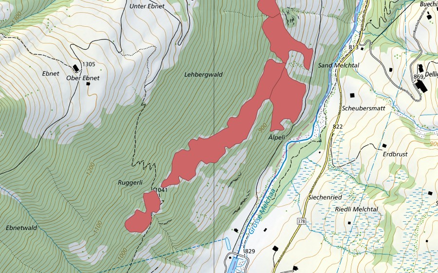Carte nationale swisstopo avec le périmètre protégé de Lehberg (Prairie sèche)