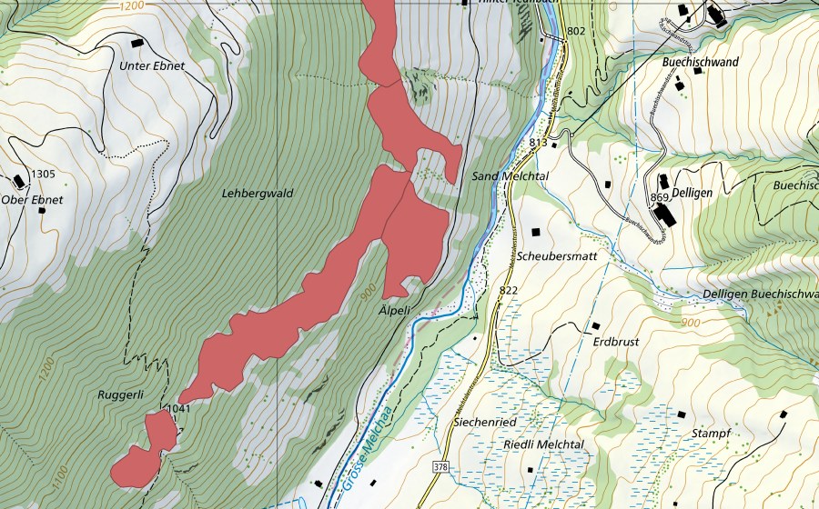 Carte nationale swisstopo avec le périmètre protégé de Lehberg (Prairie sèche)