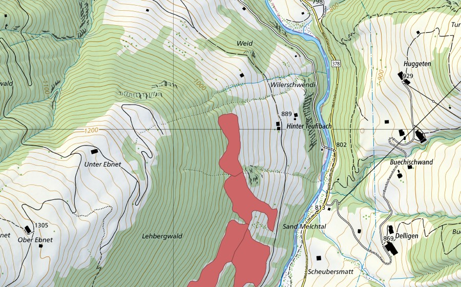Carte nationale swisstopo avec le périmètre protégé de Lehberg (Prairie sèche)