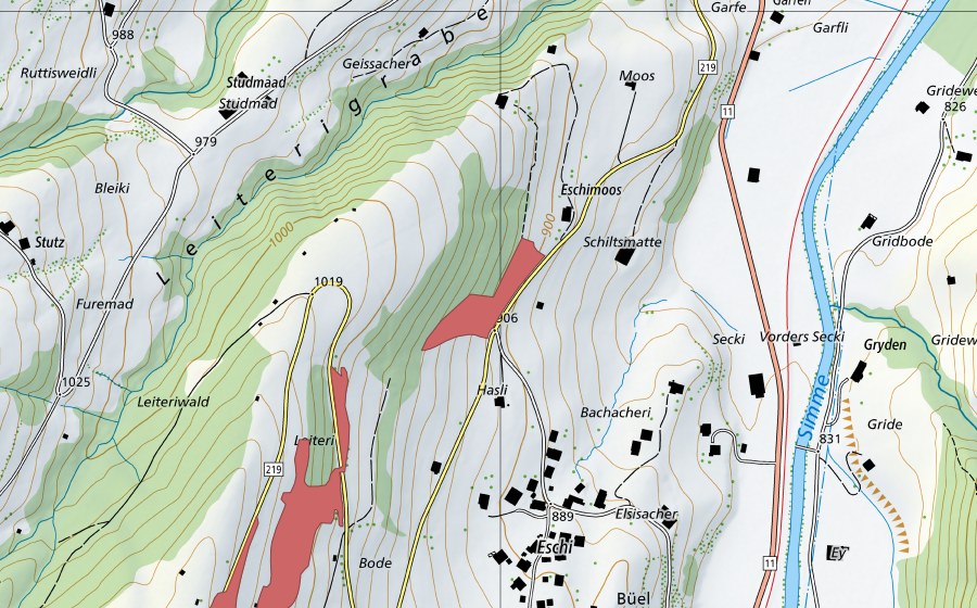 Carte nationale swisstopo avec le périmètre protégé de Leiteri (Prairie sèche)