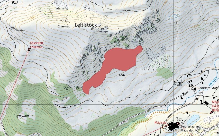 Carte nationale swisstopo avec le périmètre protégé de Leiti (Prairie sèche)