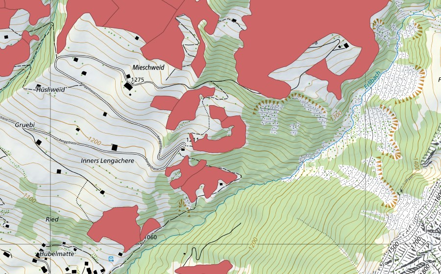 Landeskarte swisstopo mit dem Schutzperimeter von Lengachere (Trockenwiese)