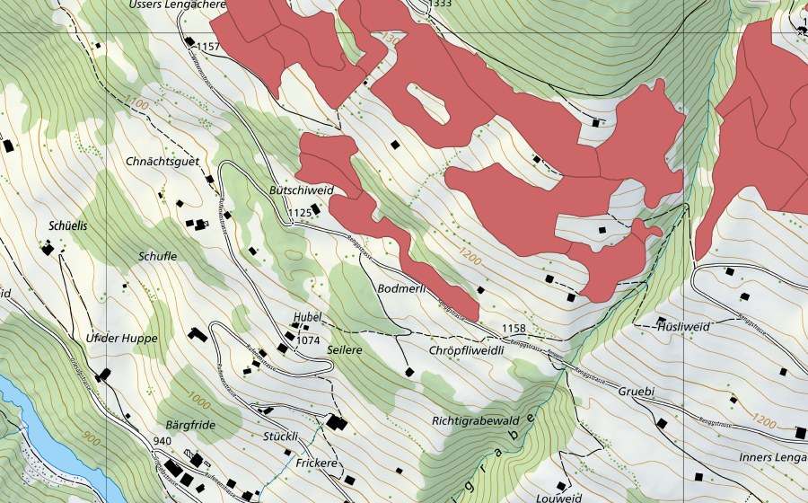 Landeskarte swisstopo mit dem Schutzperimeter von Lengachere (Trockenwiese)