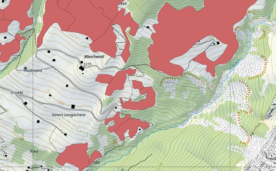 Carte nationale swisstopo avec le périmètre protégé de Lengachere (Prairie sèche)