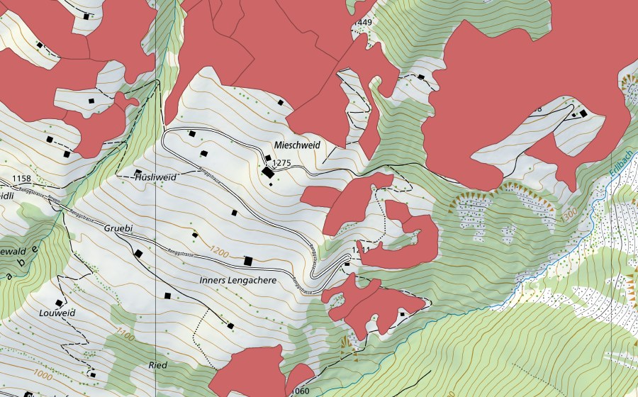 Landeskarte swisstopo mit dem Schutzperimeter von Lengachere (Trockenwiese)