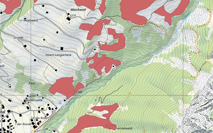 Carte nationale swisstopo avec le périmètre protégé de Lengachere (Prairie sèche)