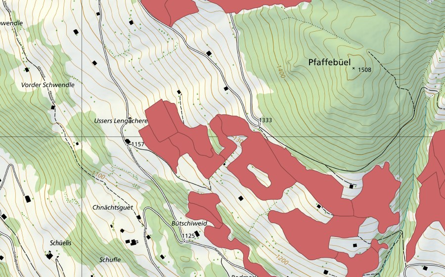 Landeskarte swisstopo mit dem Schutzperimeter von Lengachere (Trockenwiese)
