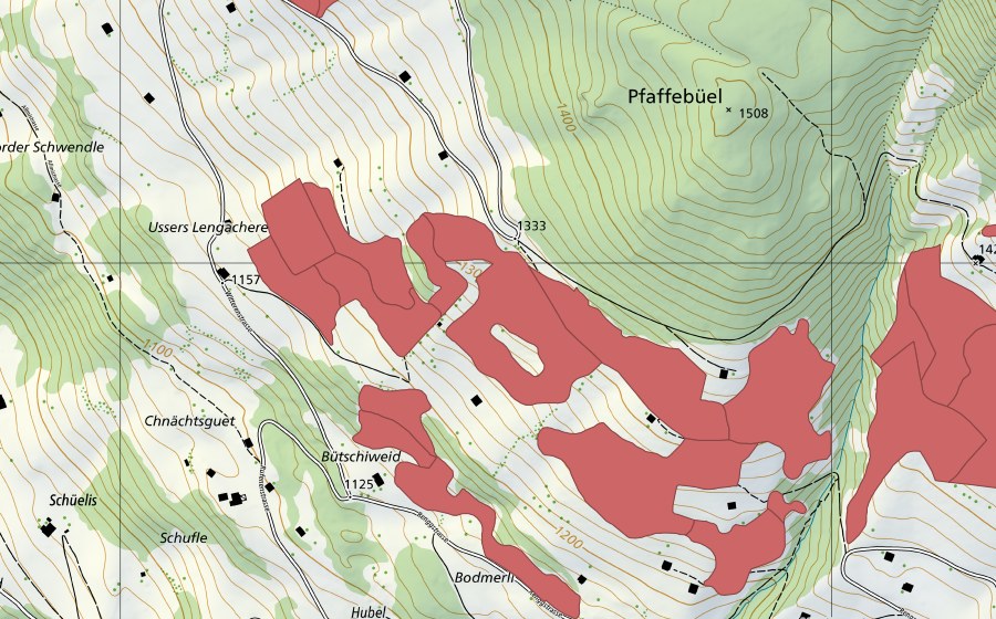 swisstopo national map showing the protected perimeter of Lengachere (Dry meadow)