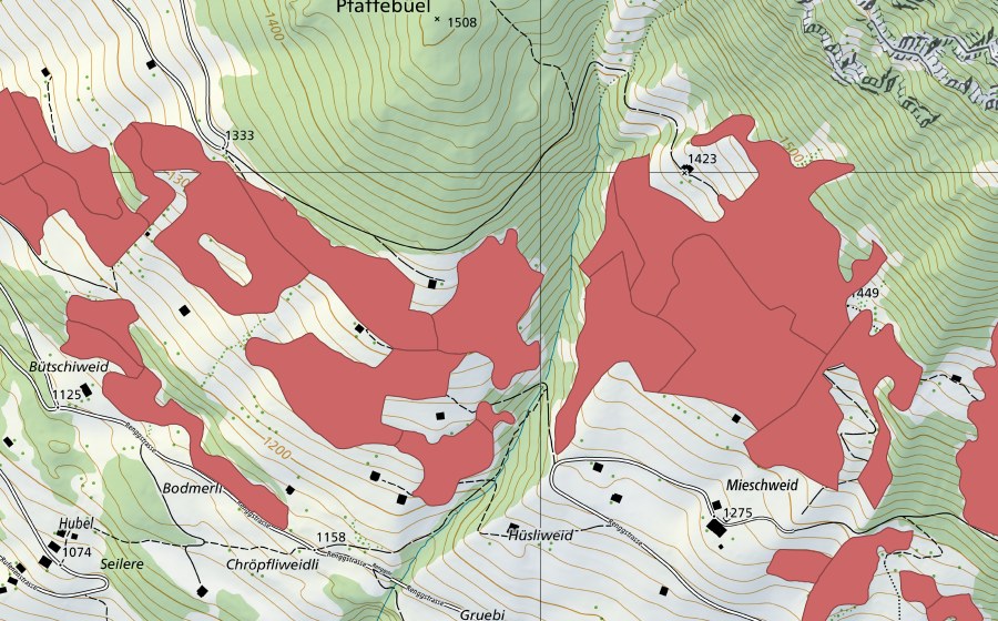 Carte nationale swisstopo avec le périmètre protégé de Lengachere (Prairie sèche)