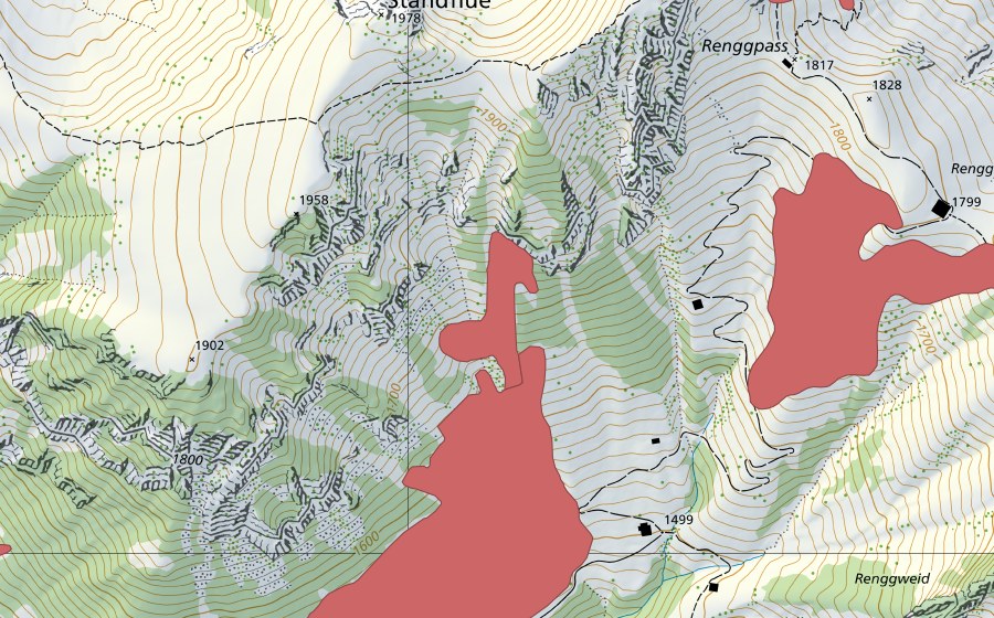 Landeskarte swisstopo mit dem Schutzperimeter von Lengachere (Trockenwiese)