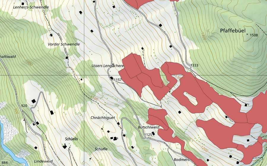 swisstopo national map showing the protected perimeter of Lengachere (Dry meadow)