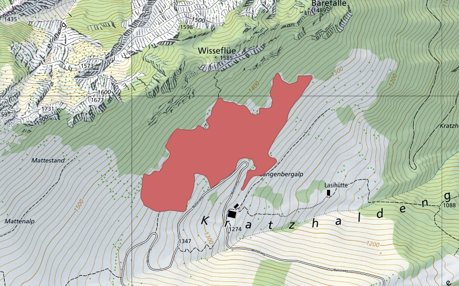 swisstopo national map showing the protected perimeter of Lengeberg (Dry meadow)