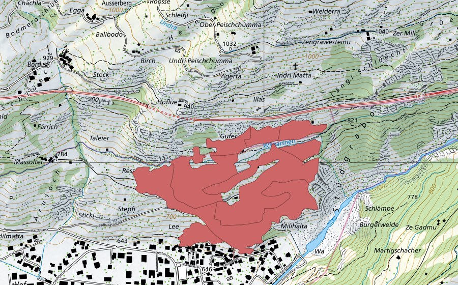 swisstopo national map showing the protected perimeter of Lengmüra (Dry meadow)
