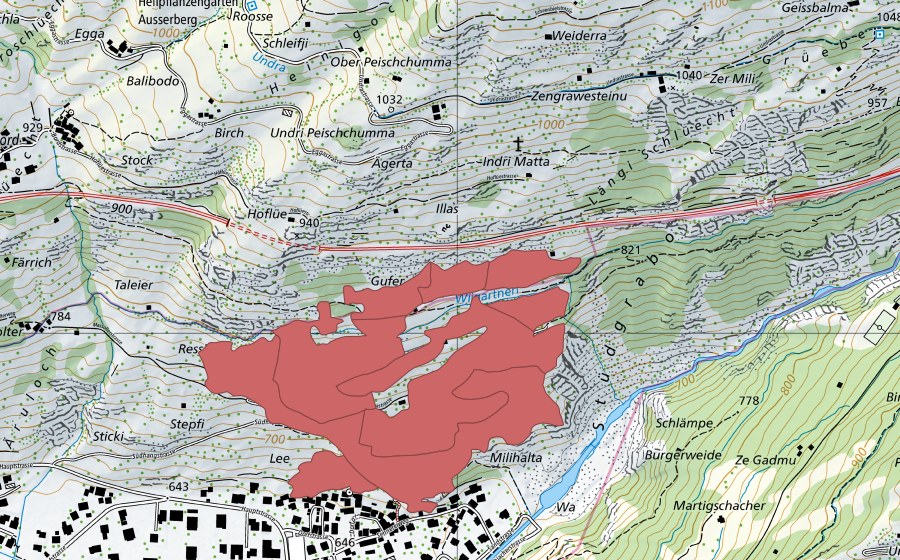 swisstopo national map showing the protected perimeter of Lengmüra (Dry meadow)