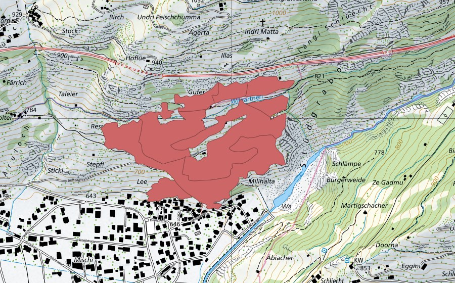 Landeskarte swisstopo mit dem Schutzperimeter von Lengmüra (Trockenwiese)