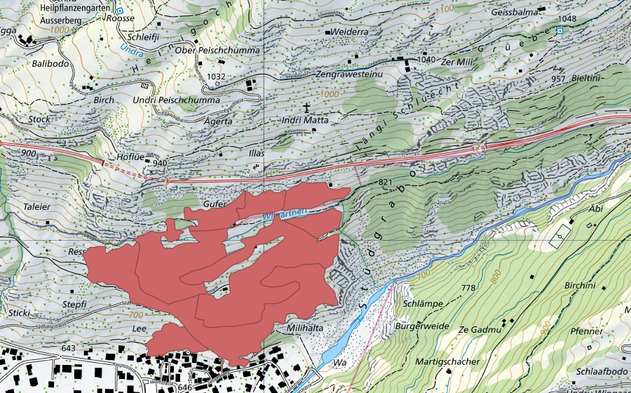 swisstopo national map showing the protected perimeter of Lengmüra (Dry meadow)