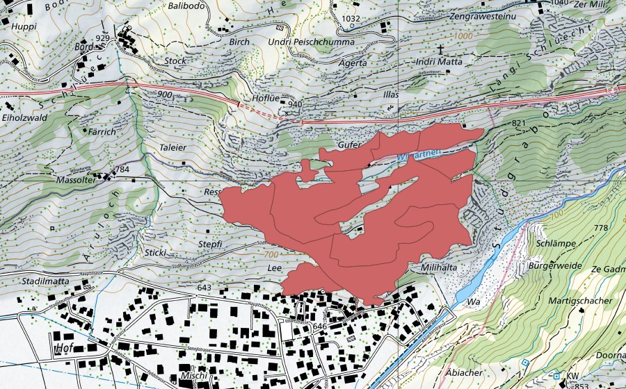 Landeskarte swisstopo mit dem Schutzperimeter von Lengmüra (Trockenwiese)