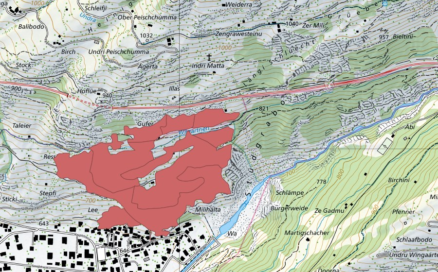 swisstopo national map showing the protected perimeter of Lengmüra (Dry meadow)