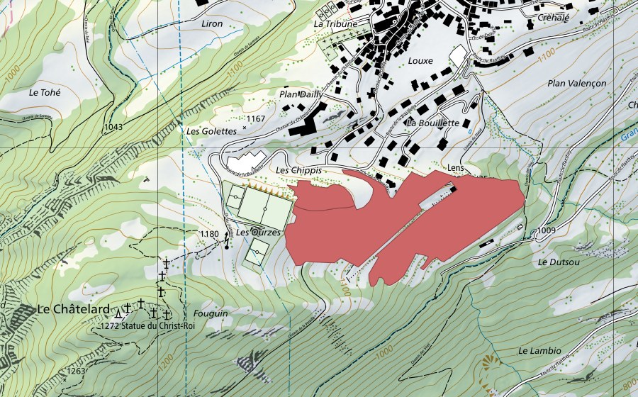 Carte nationale swisstopo avec le périmètre protégé de Lens (Prairie sèche)