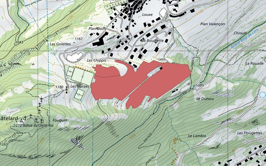 Landeskarte swisstopo mit dem Schutzperimeter von Lens (Trockenwiese)