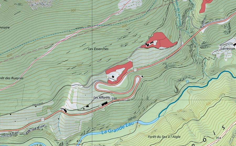 swisstopo national map showing the protected perimeter of Les Afforets (Dry meadow)
