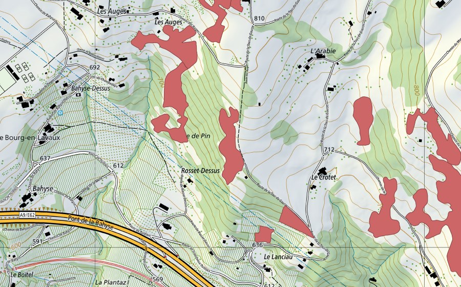swisstopo national map showing the protected perimeter of Les Auges (Dry meadow)