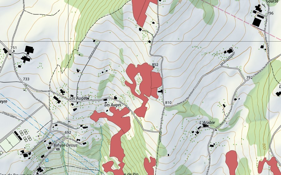 swisstopo national map showing the protected perimeter of Les Auges (Dry meadow)