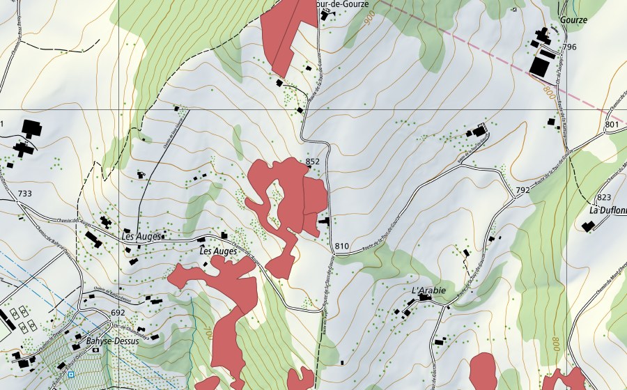Carte nationale swisstopo avec le périmètre protégé de Les Auges (Prairie sèche)