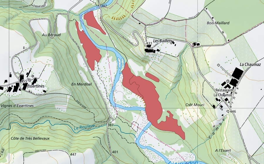 Carte nationale swisstopo avec le périmètre protégé de Les Baillets (Prairie sèche)