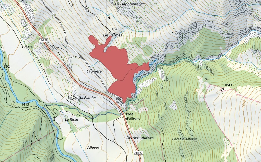 Carte nationale swisstopo avec le périmètre protégé de Les Barmes (Prairie sèche)