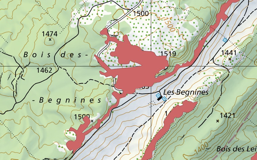 Carte nationale swisstopo avec le périmètre protégé de Les Begnines (Prairie sèche)
