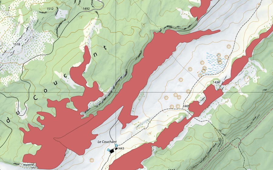 Landeskarte swisstopo mit dem Schutzperimeter von Les Begnines (Trockenwiese)
