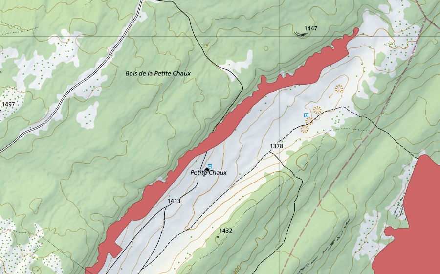 Carte nationale swisstopo avec le périmètre protégé de Les Begnines (Prairie sèche)