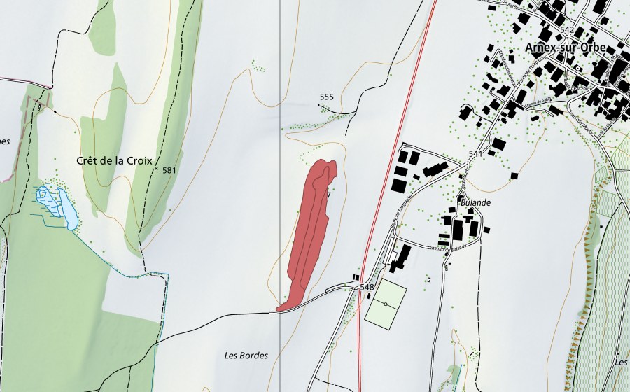 swisstopo national map showing the protected perimeter of Les Bordes (Dry meadow)