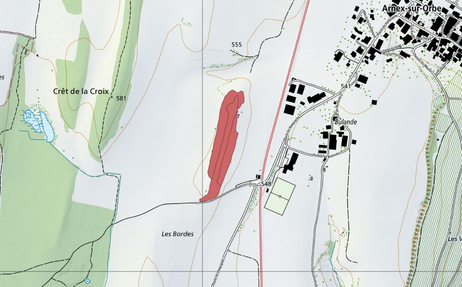 swisstopo national map showing the protected perimeter of Les Bordes (Dry meadow)