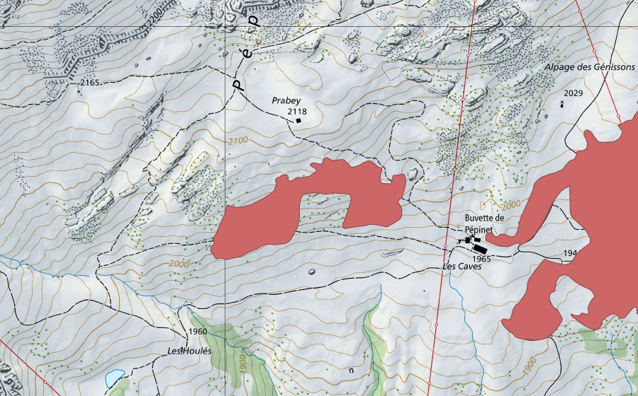 swisstopo national map showing the protected perimeter of Les Caves (Dry meadow)