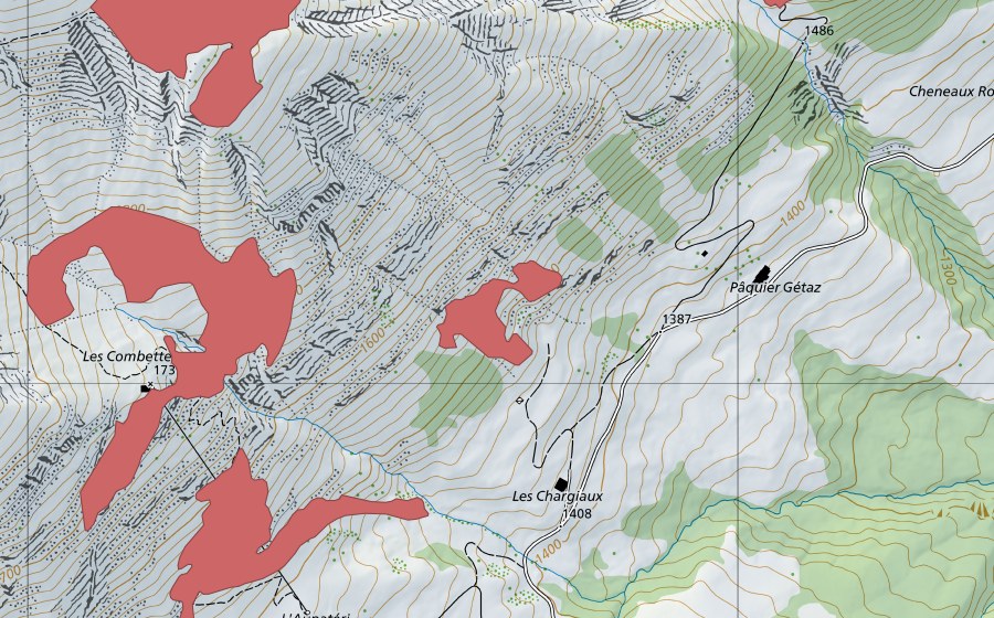Carte nationale swisstopo avec le périmètre protégé de Les Chargiaux (Prairie sèche)