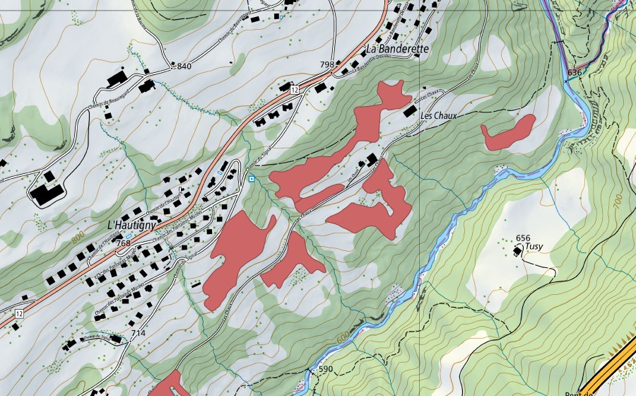 Landeskarte swisstopo mit dem Schutzperimeter von Les Chaux (Trockenwiese)