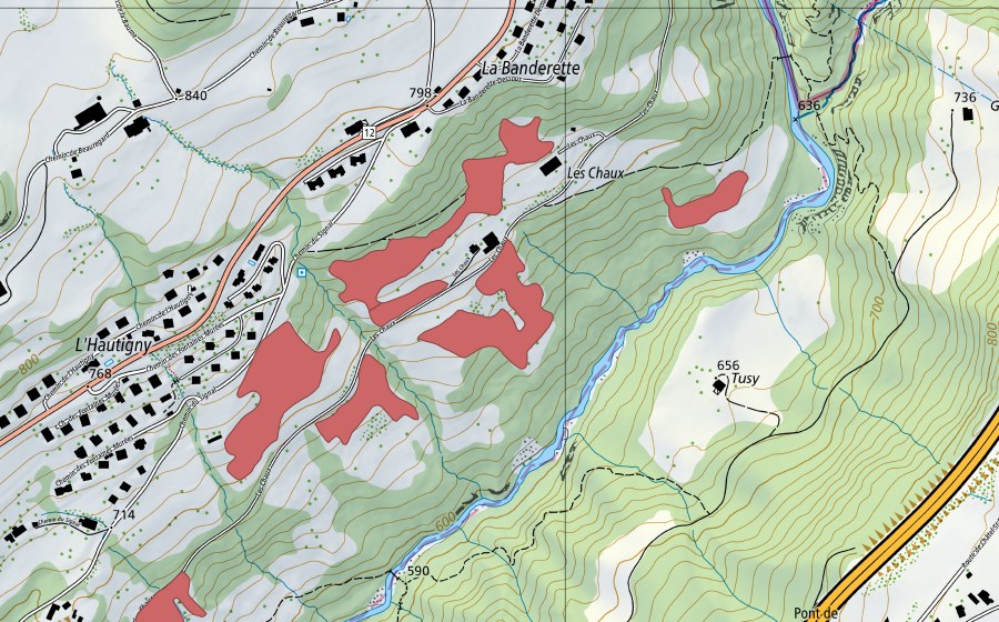 Landeskarte swisstopo mit dem Schutzperimeter von Les Chaux (Trockenwiese)