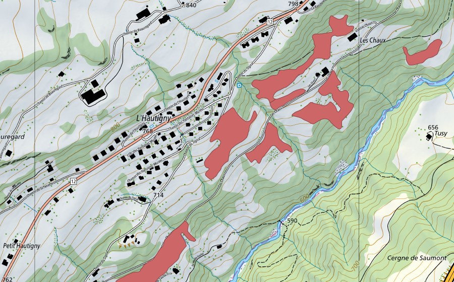 Carte nationale swisstopo avec le périmètre protégé de Les Chaux (Prairie sèche)
